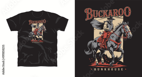 Buckaroo graphic with cowboy on horse vintage style vector illustration for t-shirt design on black background