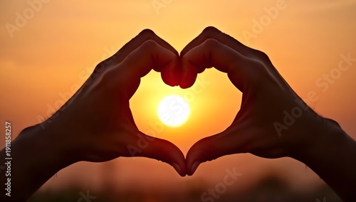 Silhouette Hands Making Heart Shape Symbol During Golden Hour Sunset