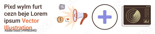 Digital marketing, financial communication, advertising tools, media analysis, technological systems, data tracking. Megaphone with icons and radar illustration. Digital marketing and financial