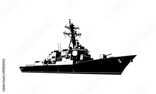 Modern Naval Destroyer Ship Silhouette Vector Illustration