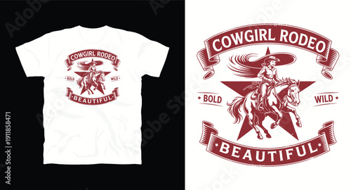 Cowgirl rodeo bold wild beautiful riding horse western star banner illustration