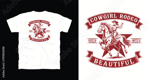 Vintage cowgirl rodeo t-shirt design with female rider on horse and big star background