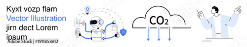 Robotics, digital interaction, carbon emissions, data science, artificial intelligence, eco-tech. Robot with tools, CO2 cloud diagram person pointing in direction. Robotics and carbon emissions