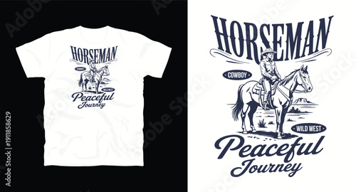Western horseman peaceful journey graphic for apparel with cowboy riding through canyon landscape