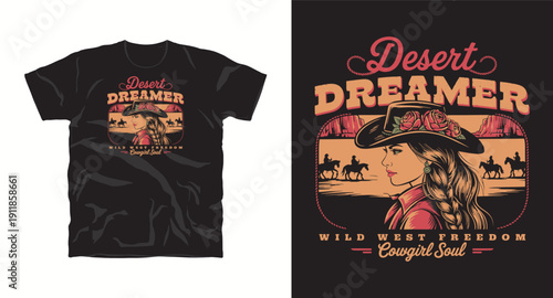 Desert dreamer cowgirl soul t-shirt design with floral hat and mountain sunset background