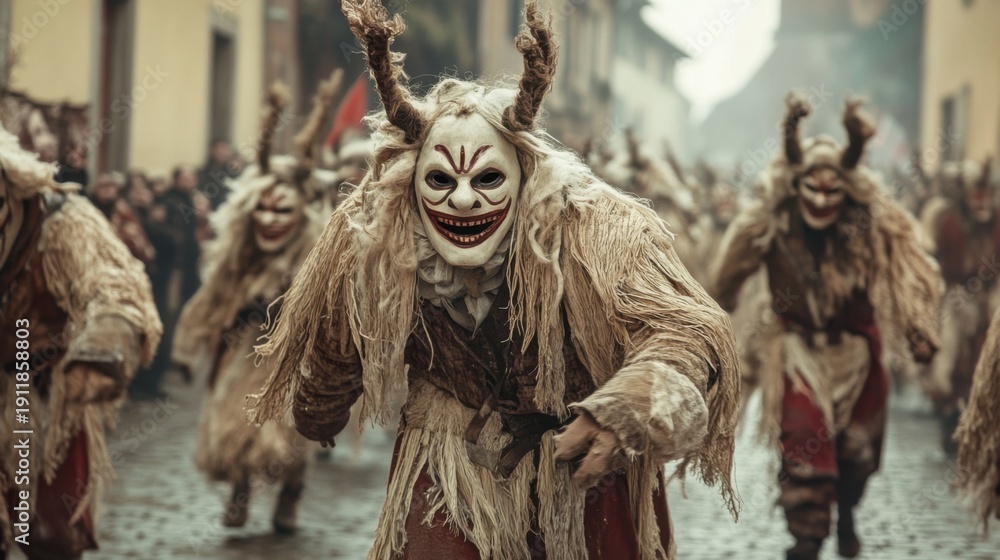 Fototapeta premium carnival masks, people dressed as demons in a street