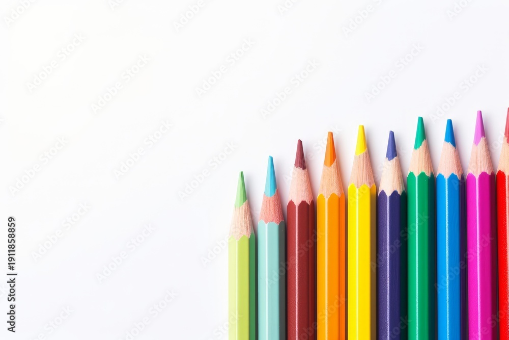 Fototapeta premium Colored pencils lined up, forming a colorful spectrum on a white background