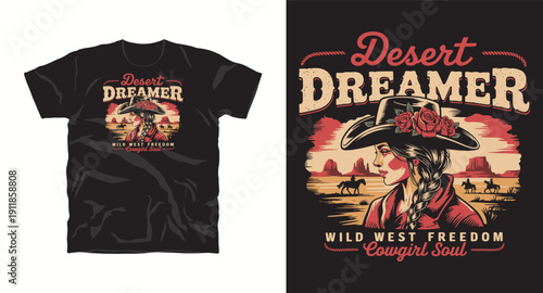 Desert dreamer wild west freedom cowgirl soul t-shirt design with cowgirl in desert