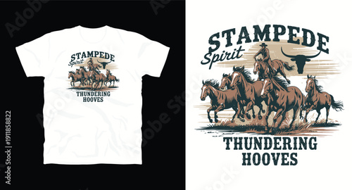 Stampede spirit thundering hooves t-shirt design with cowboy on horseback leading herd