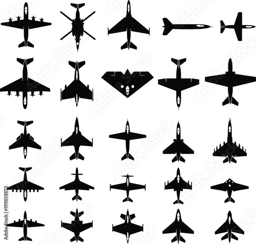 Aircraft silhouette vector set, twenty-five black top-down shapes of jets, helicopters, missiles, and airplanes