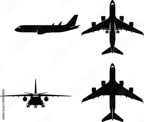 Airplane silhouette vector set, black aircraft shapes from side, top, and front views with engine details