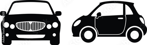 Black and white car silhouettes — front and side view cartoon icons for automotive design, transport visuals, and minimalist illustration sets