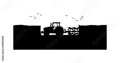 Tractor Plowing Field with Birds Flying