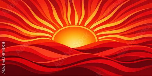 A bright summer sun radiates hot energy through a yellow and orange swirl of fire and light, featuring a wavy vector design and red flame textures for an artistic backdrop