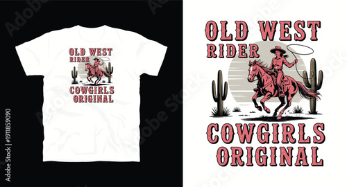 Vintage old west rider cowgirl horse riding with lasso desert landscape graphic tshirt print