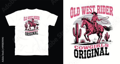 Old west rider cowgirl original horse riding through desert cactus landscape vintage poster design