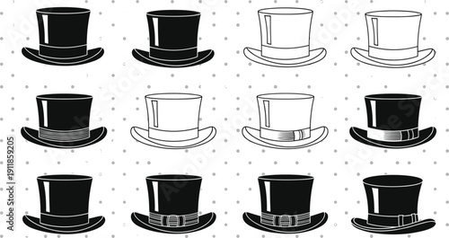 Black and white top hat icons — stylized vintage fashion accessories for costume design, gentleman themes, and minimalist illustration sets