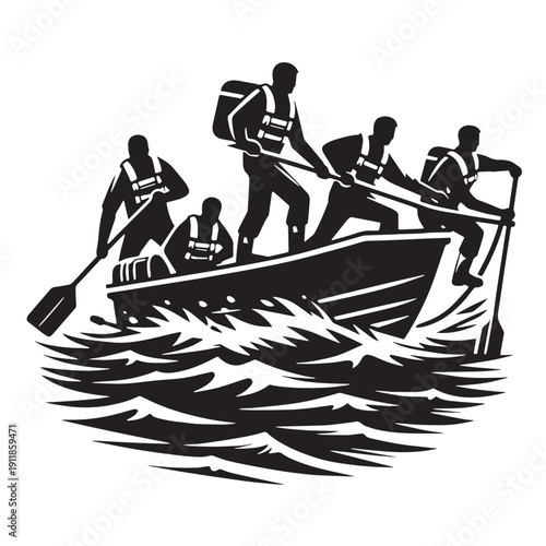 Black Flood rescue Silhouette Vector, High Quality Illustration on White Background