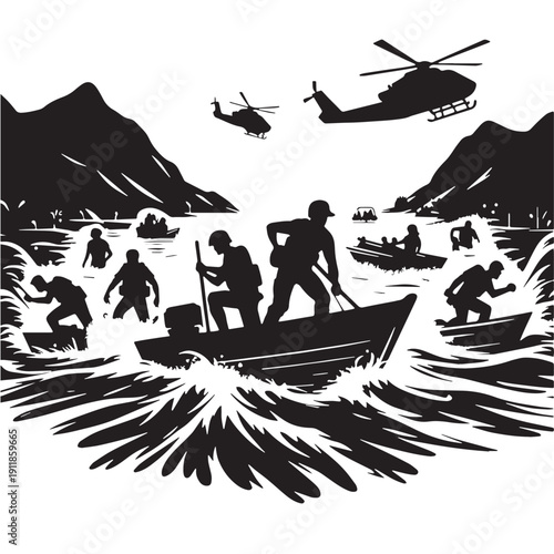 Black Flood rescue Silhouette Vector, High Quality Illustration on White Background