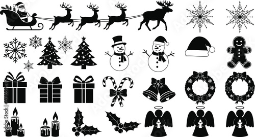 Black and white Christmas icons — festive cartoon illustrations of Santa, snowflakes, gifts, trees, and holiday symbols for seasonal design sets