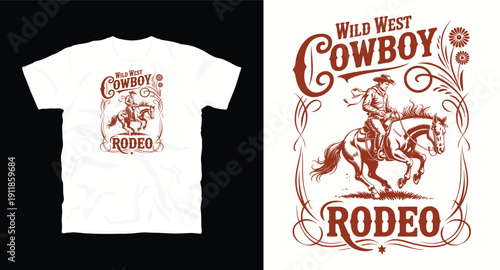 Wild west cowboy riding horse rodeo graphic design vintage illustration