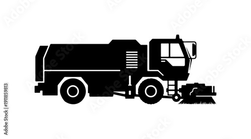 Street Sweeper Vehicle Silhouette - Black and White Illustration