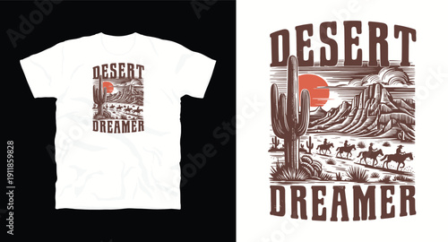 Desert dreamer vintage tshirt design with cactus and mountain landscape in retro woodcut style