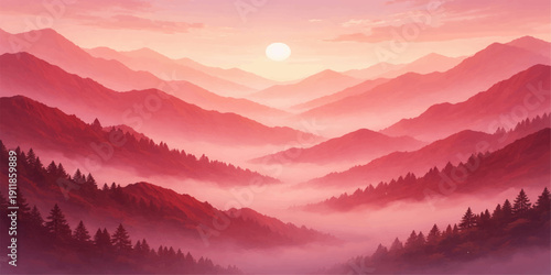 A misty morning sunrise and golden sunset illuminate the snow-capped mountain peaks and forest valley as clouds drift over the horizon of this beautiful nature landscape
