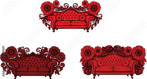 Luxury Vintage Sofa Silhouette Set with Red Floral Accents, Ornate Antique Couch Vector Icons, Decorative Victorian Furniture, Baroque Interior Design Elements
