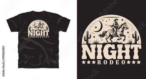 Night rodeo vintage emblem with cowboy riding horse under moon and stars in desert