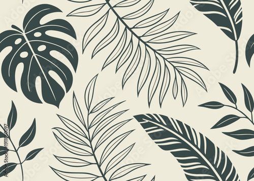 Seamless tropical leaf pattern featuring monstera and palm fronds in a dark ink on beige.