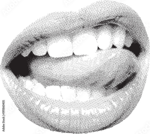 Halftone smiling lips with teeth illustration in monochrome tones