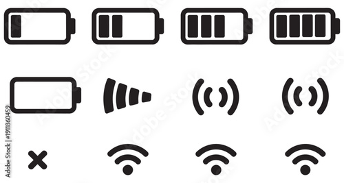 Smartphone UI Status Bar Icons, Battery, WiFi, 5G Network, iOS Notification Symbols, Vector Set for Mobile Phone Network and Battery