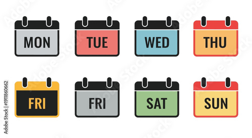 Colorful calendar icons representing days of the week monday through sunday