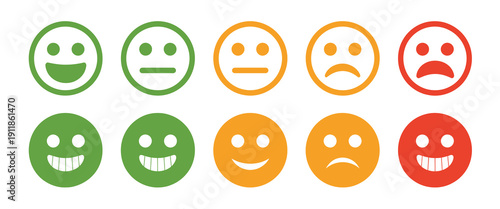 Emoji Rating Scale Vector Illustration With Happy And Sad Expressions, Customer Feedback, Satisfaction Survey, And Mood Indicator Design Concept.