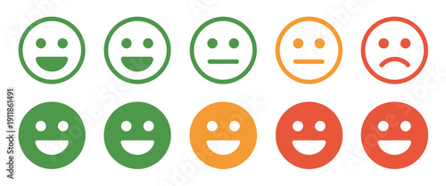 Emoji Rating Scale Vector Illustration With Happy And Sad Expressions, Customer Feedback, Satisfaction Survey, And Mood Indicator Design Concept.