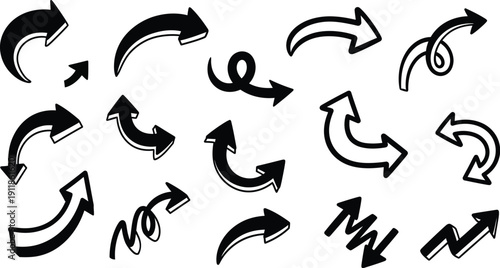 Collection of various hand-drawn black arrows with white outlines pointing in different directions, perfect for design elements and user interface guidance.