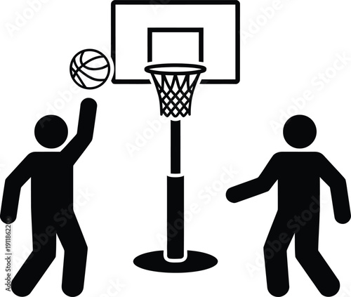 Two players competing in a basketball game near the hoop.