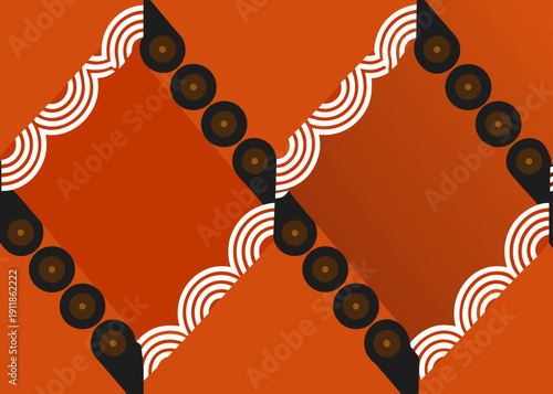 Two large tilted orange diamonds appear with black teardrop motifs and white concentric semicircular lines on an orange background.