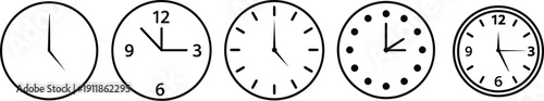A row of five distinct black and white analog clock faces, each displaying a different time, illustrating concepts of timekeeping and schedules.