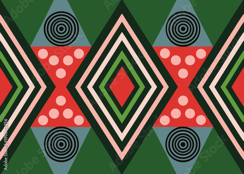 Red triangles with pink dots and central nested diamonds are arranged across a dark green background with grey triangles and concentric circles.