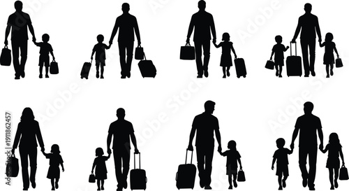 Family travel silhouette vector set, black shapes of adults and children walking with luggage in pairs