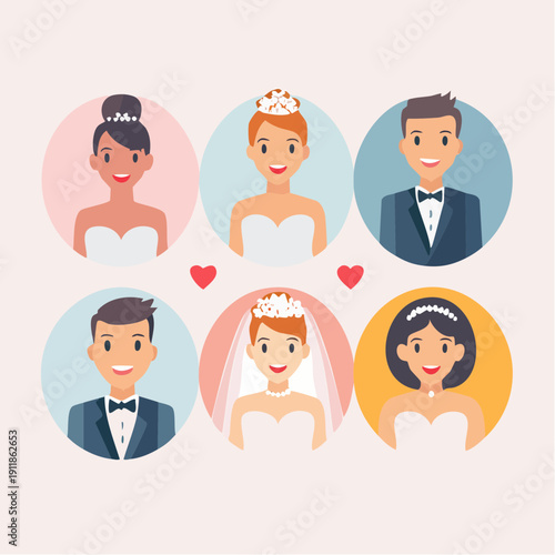 A delightful collection of flat illustration wedding icons featuring six diverse bride and groom profiles, perfect for themes of love, marriage, and celebration