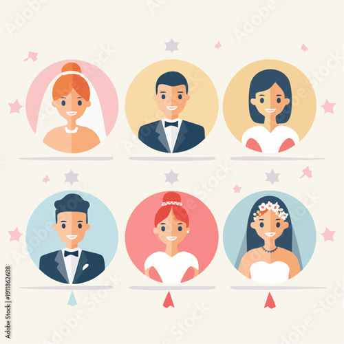 Charming Set of Flat Design Wedding Avatars and Icons Featuring Diverse Brides and Grooms for Marital Celebration Graphics