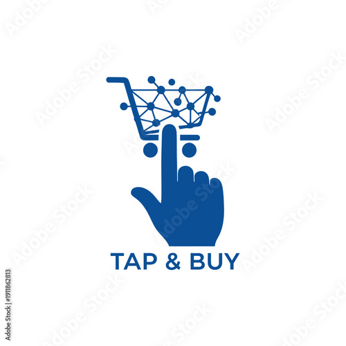 Blue finger tapping on shopping cart network icon for e-commerce and mobile payment solutions logo TAP & BUY