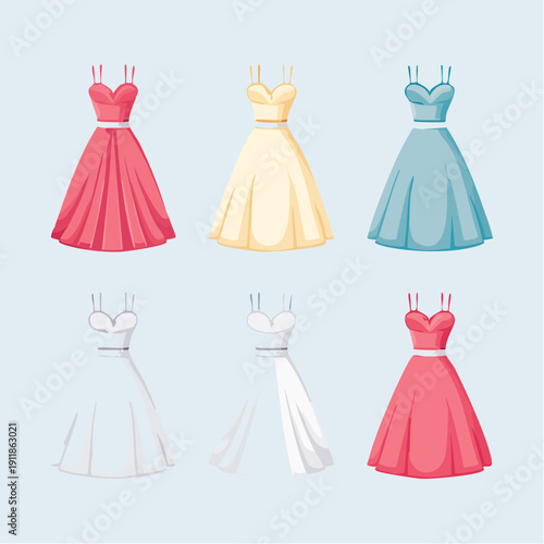 A collection of six elegant dresses, including bridal gowns and evening wear, presented in a visually appealing arrangement
