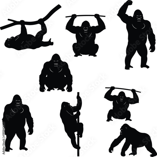 Gorilla silhouette vector set, black shapes of primates in dynamic poses including climbing, crouching, and squatting