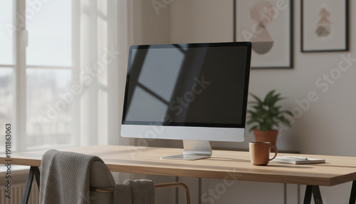 Modern desktop computer on wooden desk in bright home office workspace