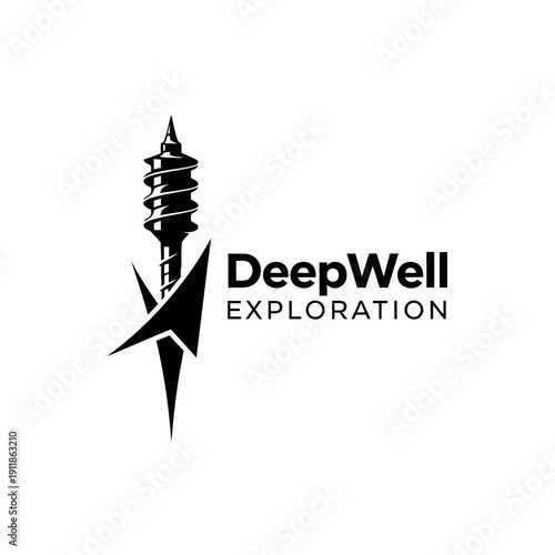 Industrial drilling rig bit logo design for geological survey and natural resource exploration services company named DEEPWELL EXPLORATION