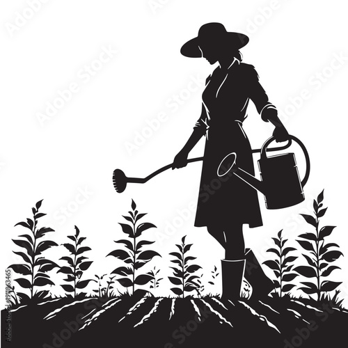 Black Farmer watering crops Silhouette Vector, High Quality Illustration on White Background